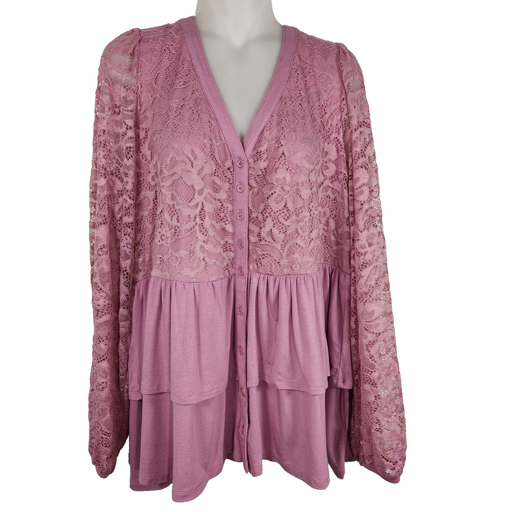 Torrid Womens Babydoll Lace Super Soft Mix Tiered Button Down Top 1X Mauve Pink